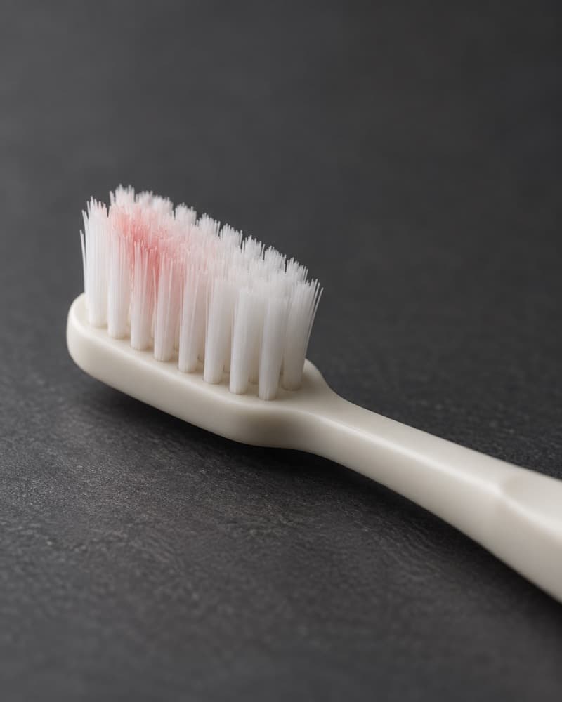 A soft bristled toothbrush with pink staining on the bristles