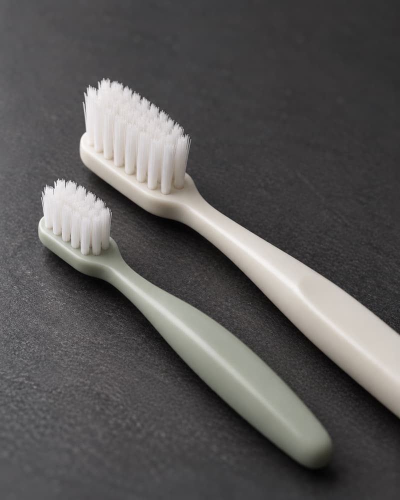 A child size toothbrush beside a standard one