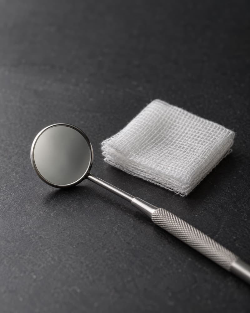A dental mirror beside a folded square of gauze