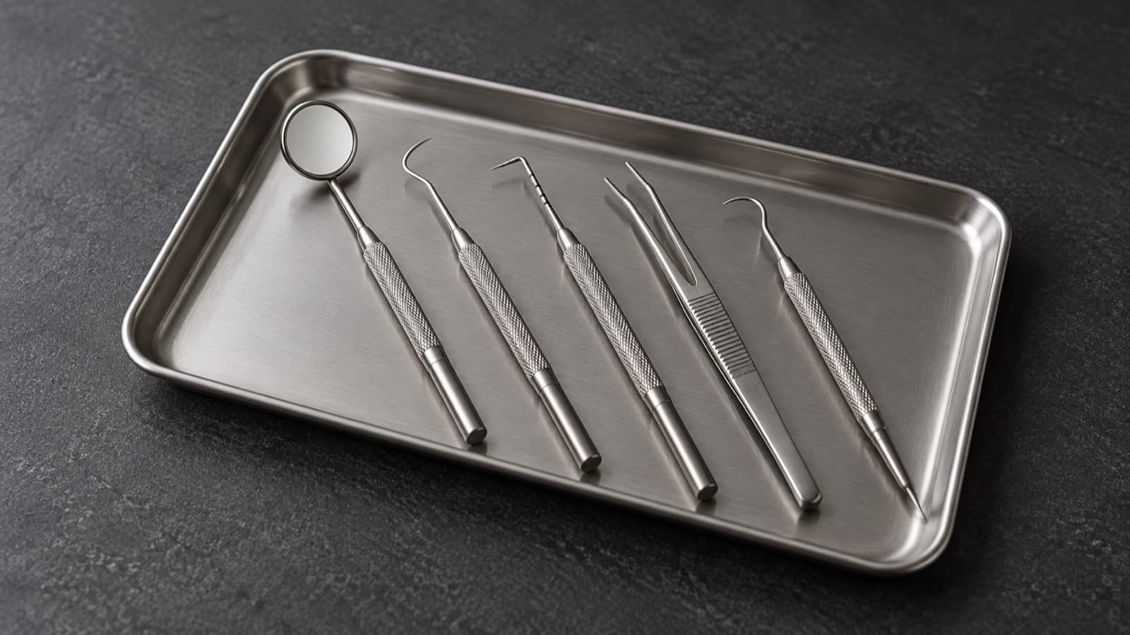 A set of dental instruments laid out on a steel tray