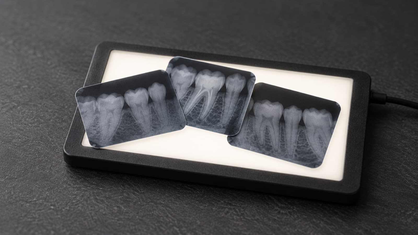 Three dental x-rays laid on a lit viewing panel